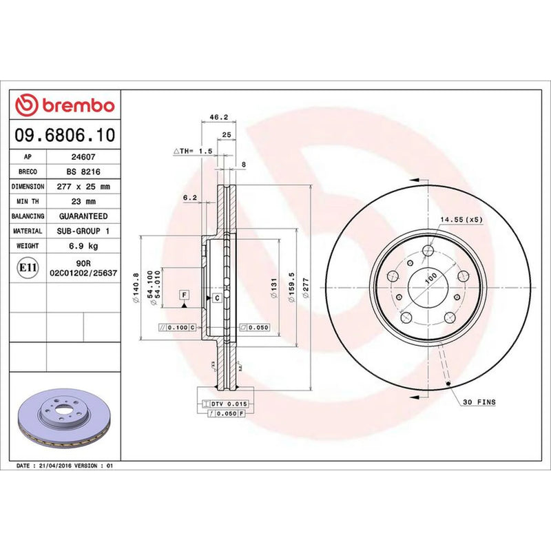 Brembo 2 x Internally Vented Front Brake Discs 09.6806.10