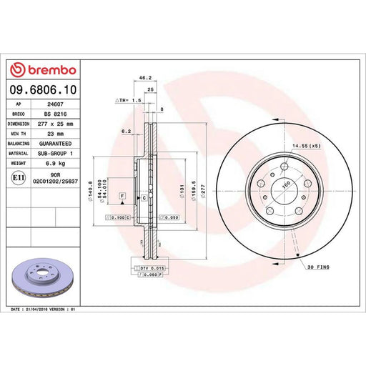 Brembo 2 x Internally Vented Front Brake Discs 09.6806.10