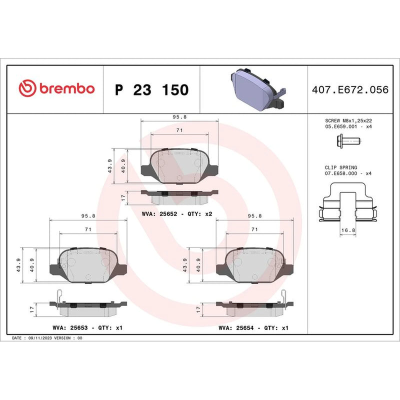 Brembo 4 x Rear Brake Pad Set P23150