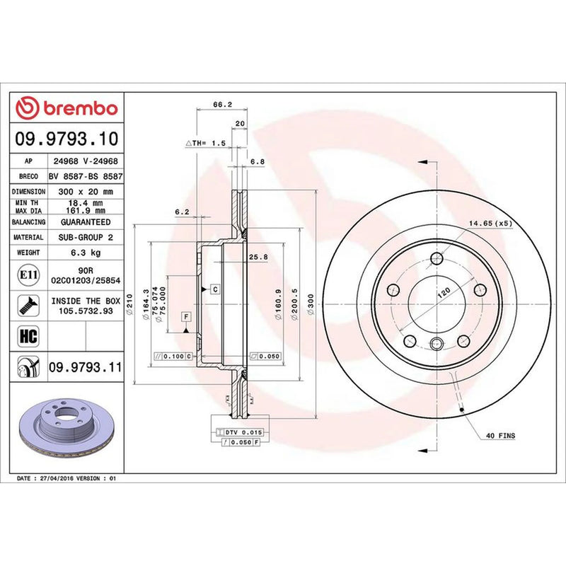 Brembo 2 x Internally Vented Rear Brake Discs 09.9793.11