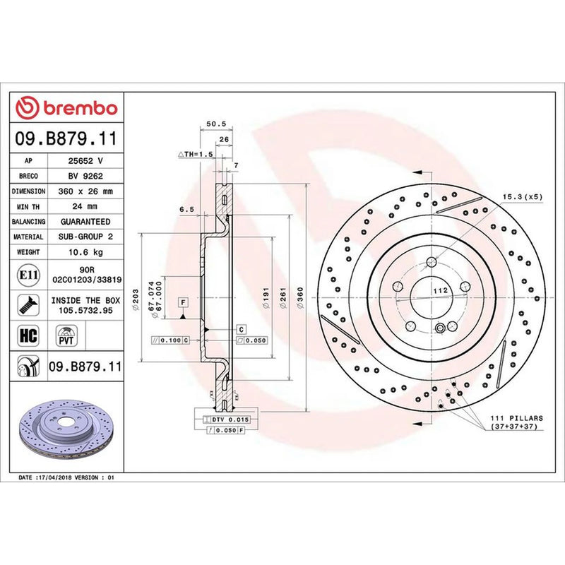 Brembo 2 x Slotted/Perforated Rear Brake Discs 09.B879.11