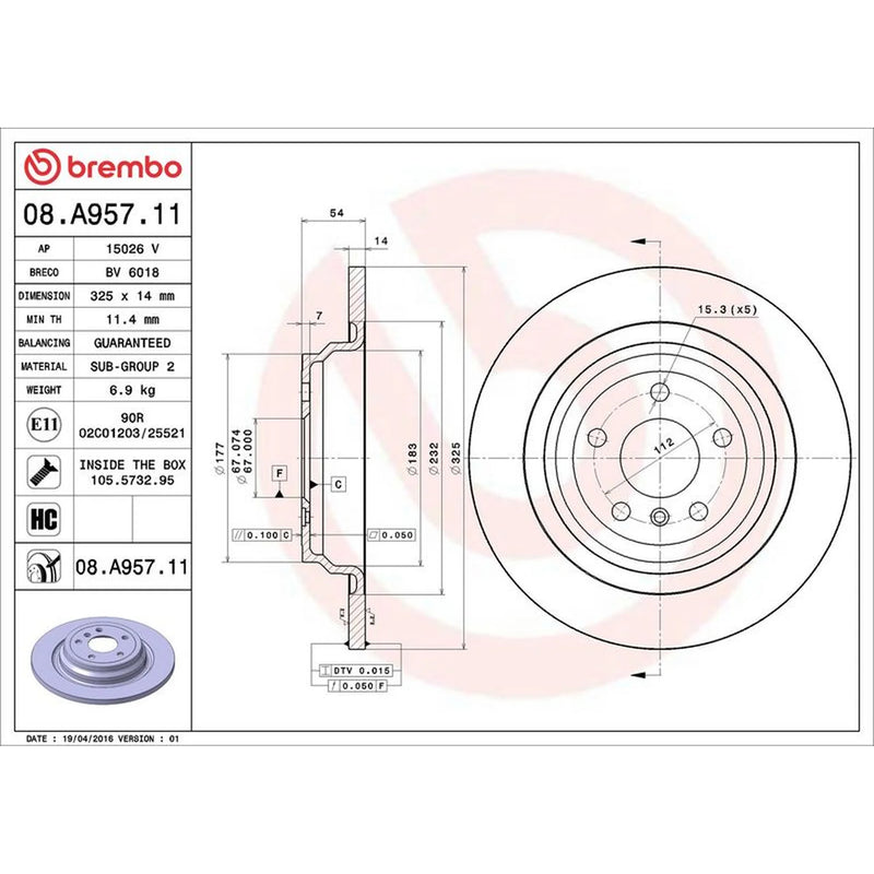 Brembo 2 x Solid Rear Brake Discs 08.A957.11