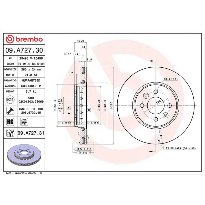 Brembo 2 x Front Brake Discs 09.A727.31