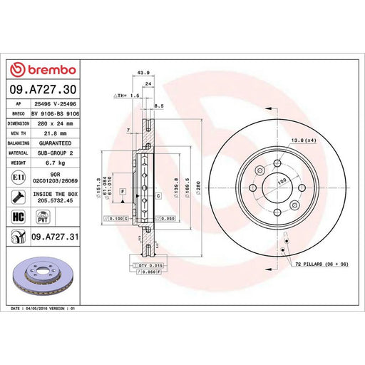 Brembo 2 x Front Brake Discs 09.A727.31