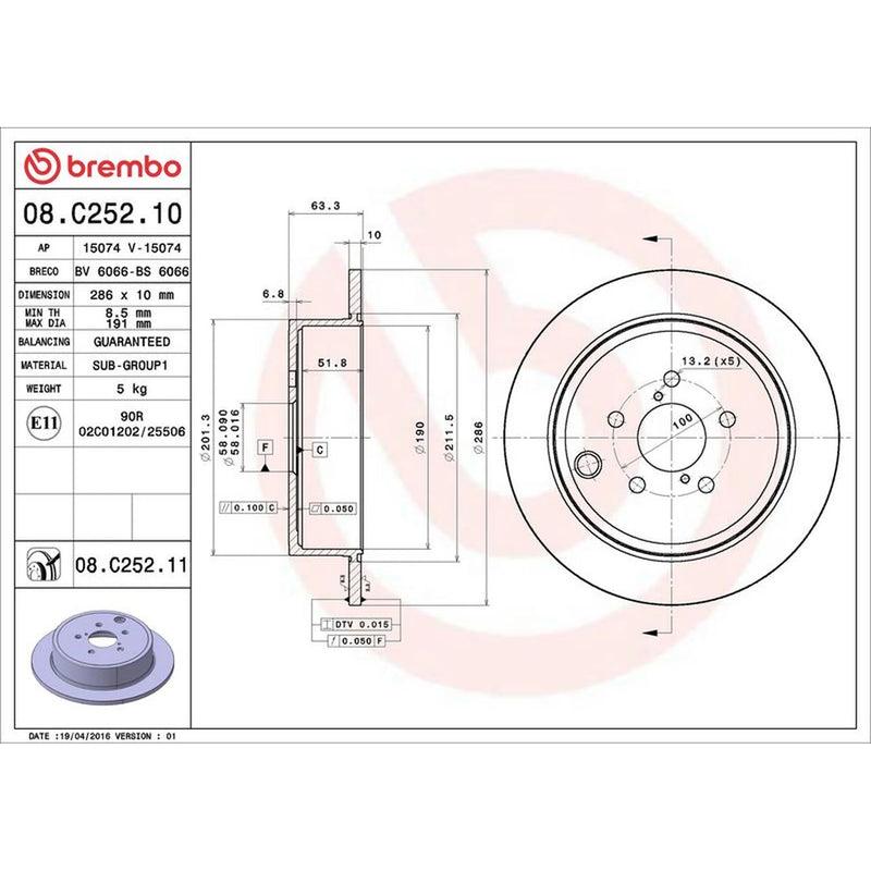 Brembo 2 x Solid Rear Brake Discs 08.C252.11