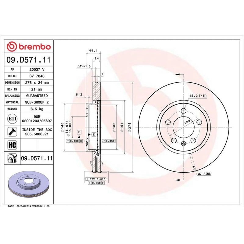 Brembo 2 x Internally Vented Front Brake Discs 09.D571.11