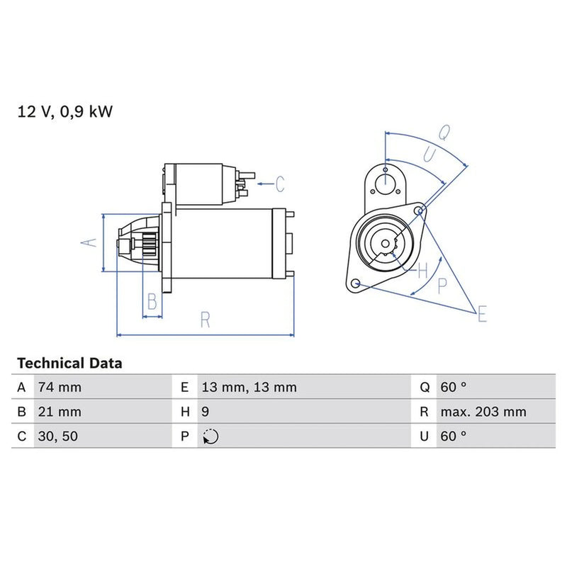 Bosch Starter Motor 12V 0.9kW 9 Teeth 0 986 018 840