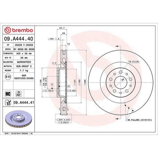 Brembo 2 x Internally Vented Front Brake Discs 09.A444.41