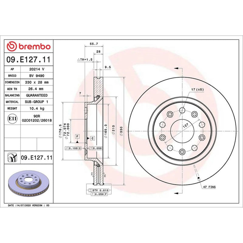 Brembo 2 x Internally Vented Front Brake Discs 09.E127.11
