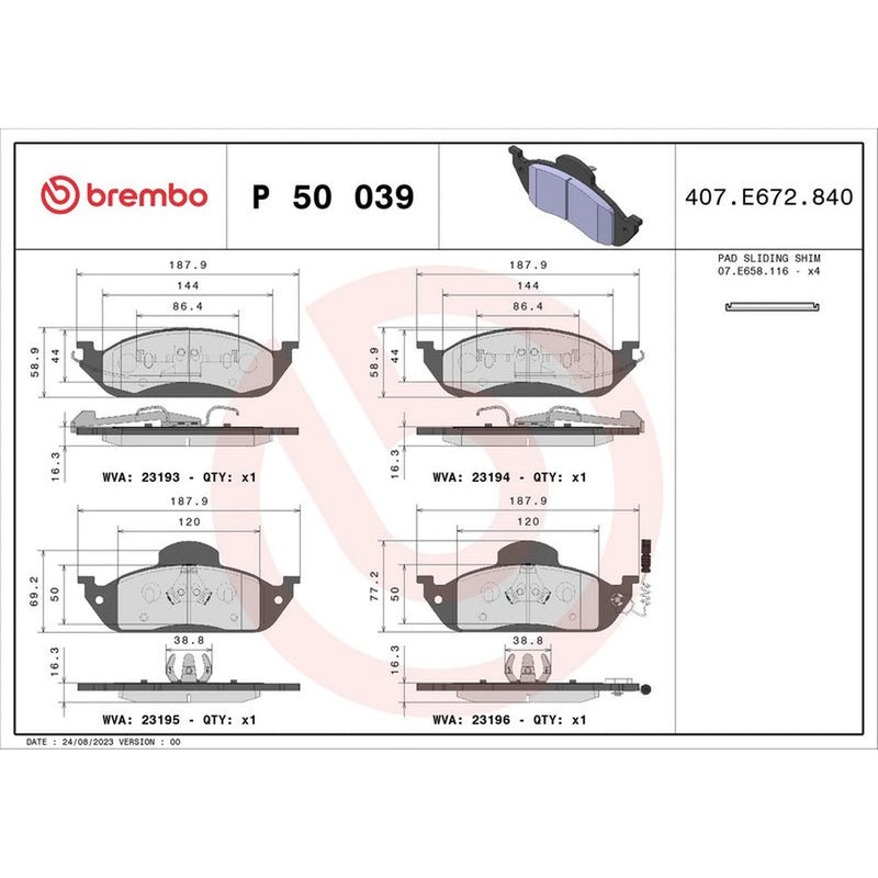 Brembo 4 x Front Brake Pad Set P50039
