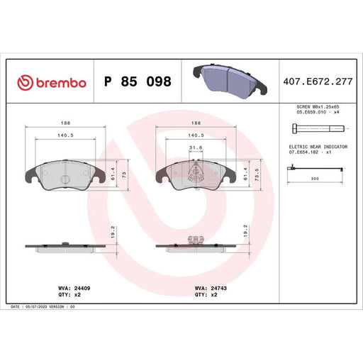 Brembo 4 x Front Brake Pad Set P85098