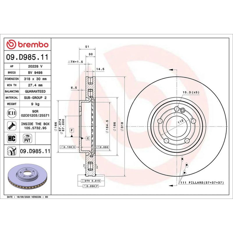 Brembo 2 x Internally Vented Front Brake Discs 09.D985.11