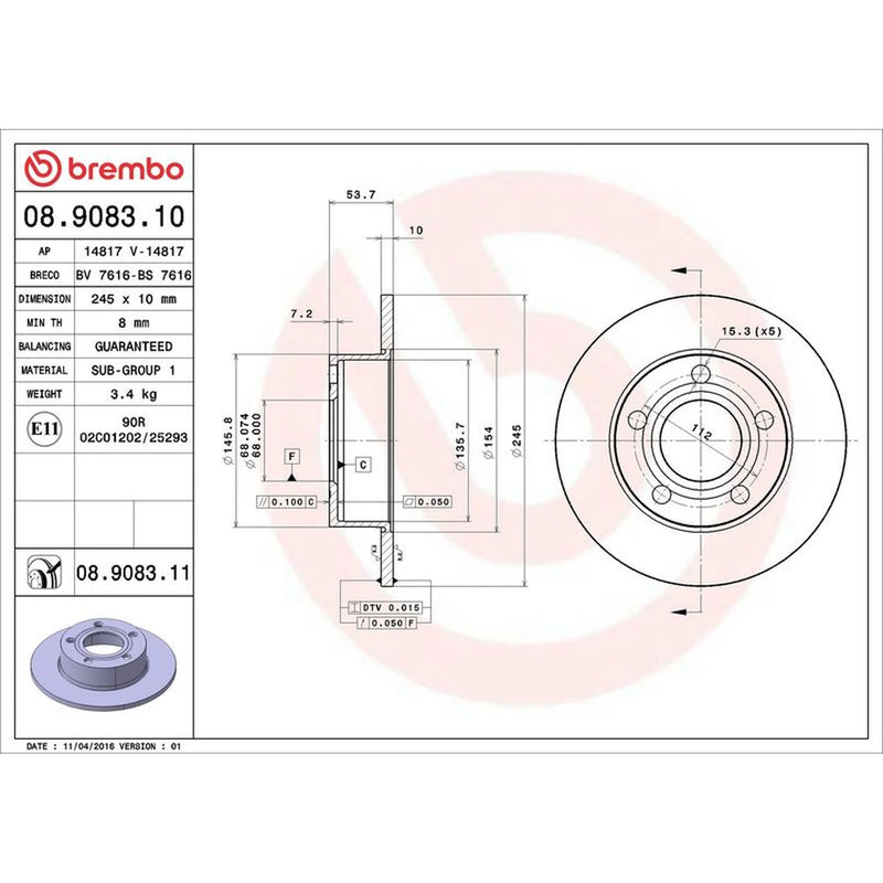 Brembo 2 x Solid Rear Brake Discs 08.9083.11