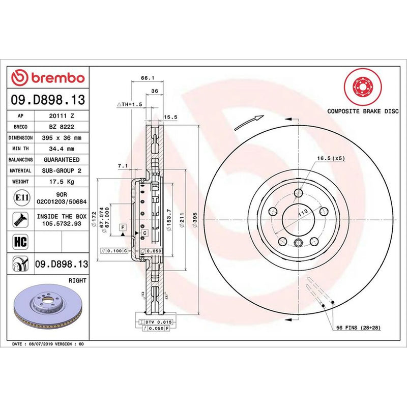 Brembo 2 x Aluminium Front Brake Disc Hub Brake Discs 09.D897.13