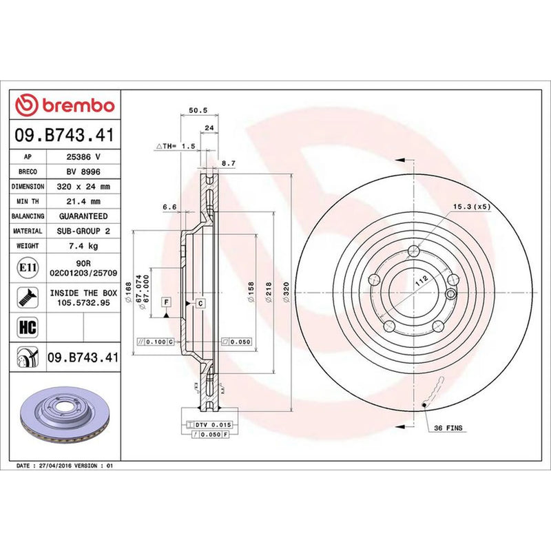 Brembo 2 x Internally Vented Rear Brake Discs 09.B743.41