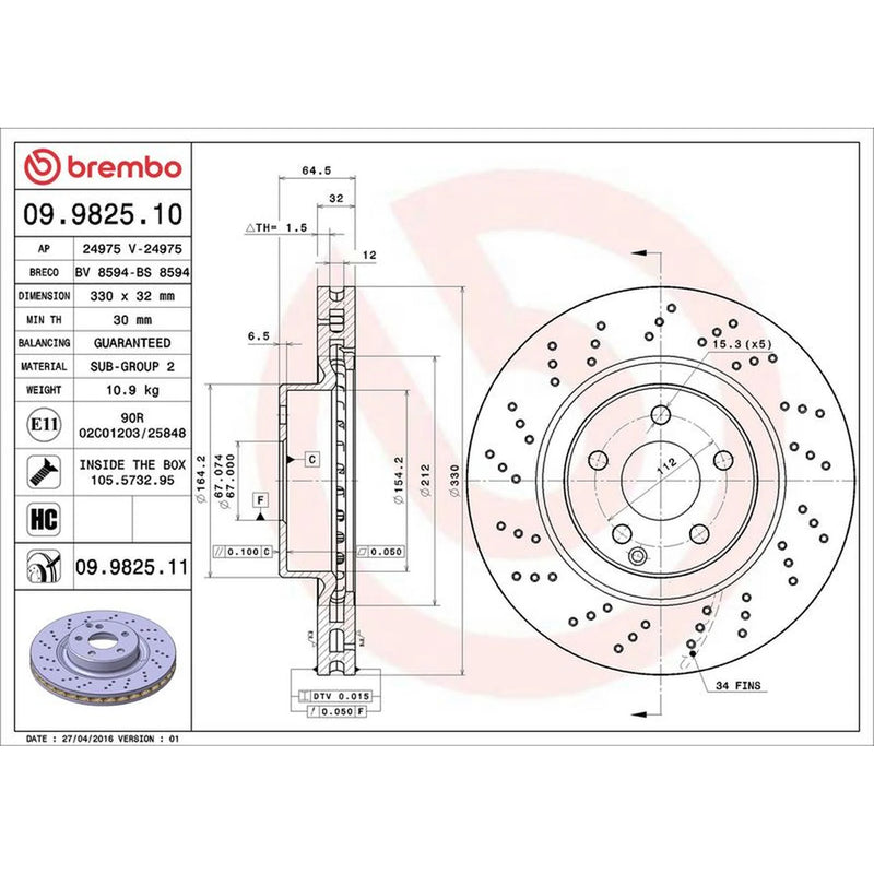 Brembo 2 x Perforated/Vented Front Brake Discs 09.9825.11
