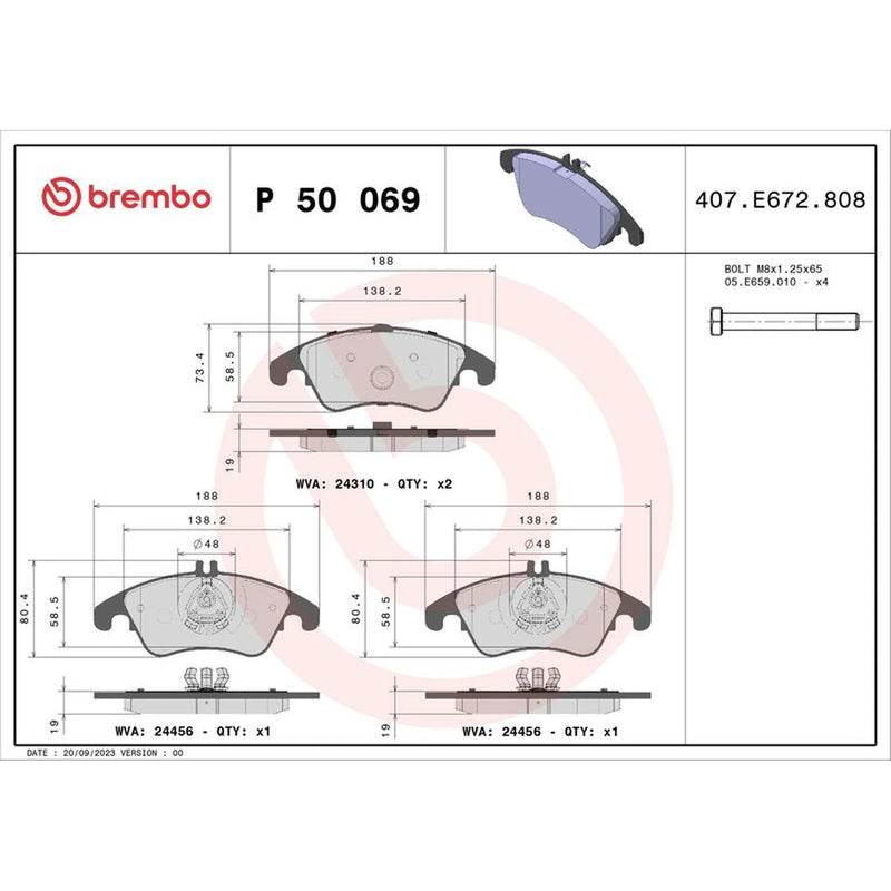 Brembo 4 x Front Brake Pad Set P50069X