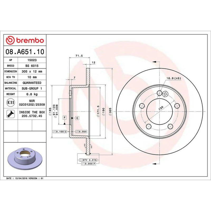 Brembo 2 x Solid Rear Brake Discs 08.A651.10