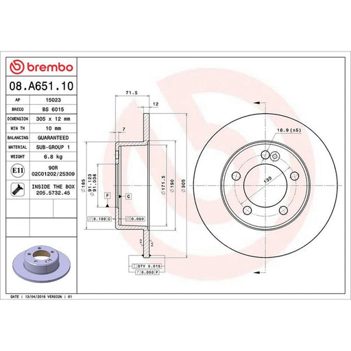 Brembo 2 x Solid Rear Brake Discs 08.A651.10