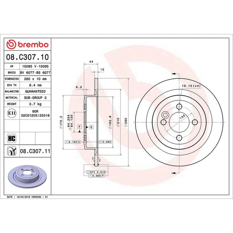 Brembo 2 x Solid Rear Brake Discs 08.C307.11