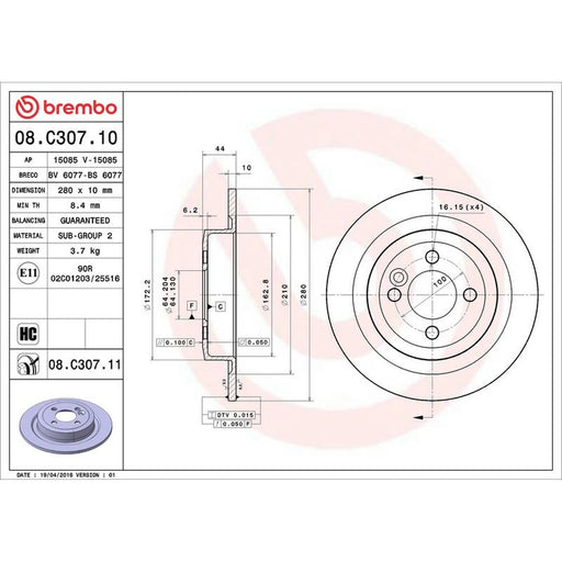 Brembo 2 x Solid Rear Brake Discs 08.C307.11