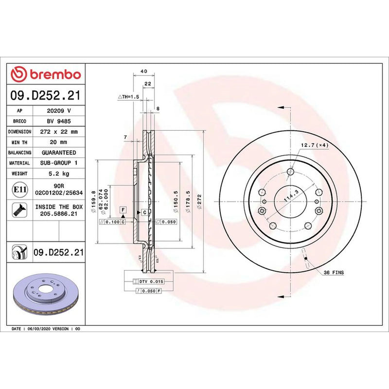 Brembo 2 x Internally Vented Front Brake Discs 09.D252.21