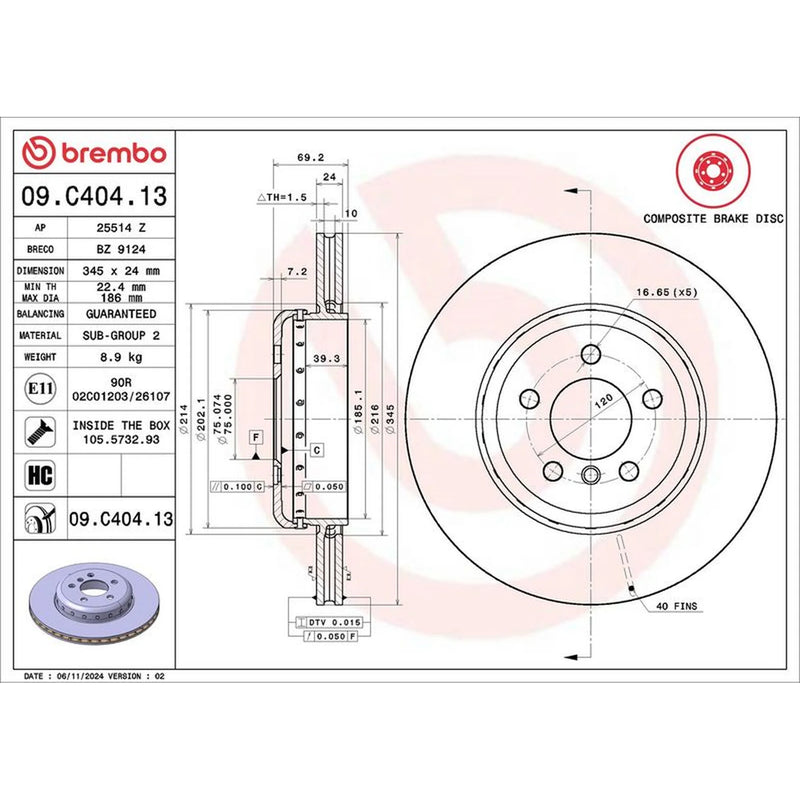 Brembo 2 x Aluminium Rear Brake Disc Hub Brake Discs 09.C404.13