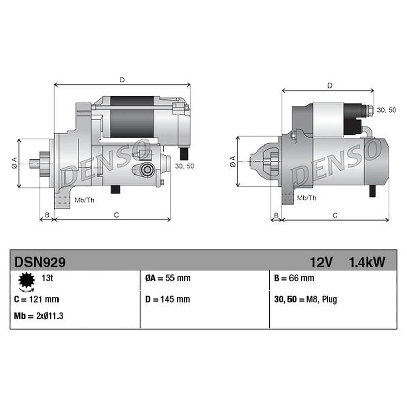 Denso Starter Motor 12V 1.4kW 13 Teeth DSN929