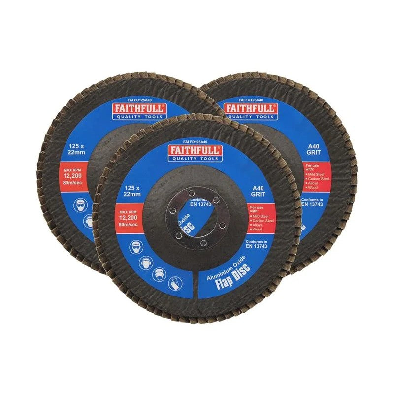 Faithfull Aluminium Oxide Flap Disc 125 x 22mm 40 Grit (3 Pack) - FAIFD12540A3