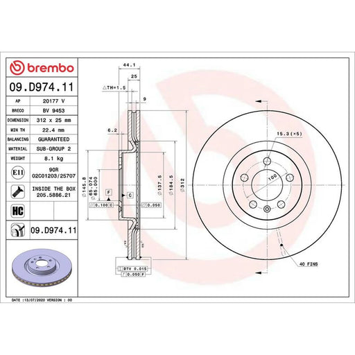 Brembo 2 x Internally Vented Front Brake Discs 09.D974.11
