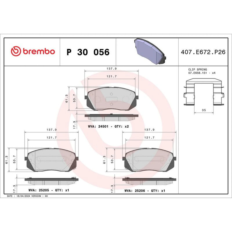 Brembo 4 x Front Brake Pad Set P30056