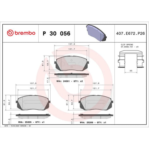 Brembo 4 x Front Brake Pad Set P30056