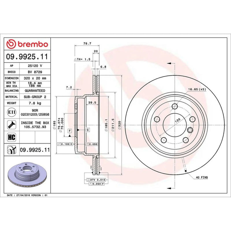 Brembo 2 x Internally Vented Rear Brake Discs 09.9925.11