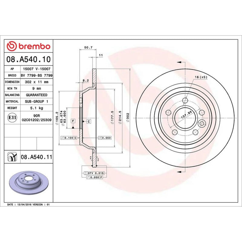 Brembo 2 x Solid Rear Brake Discs 08.A540.11