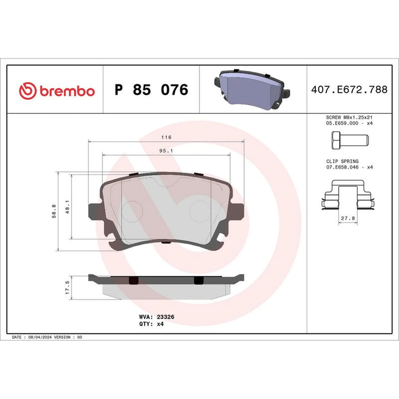 Brembo 4 x Rear Brake Pad Set P85076