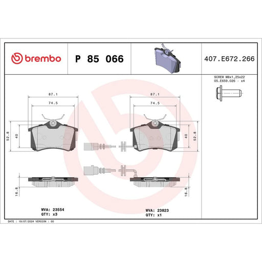 Brembo 4 x Rear Brake Pad Set P85066