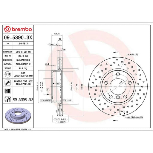 Brembo Xtra 2 x Perforated/Vented Front Brake Discs 09.5390.3X