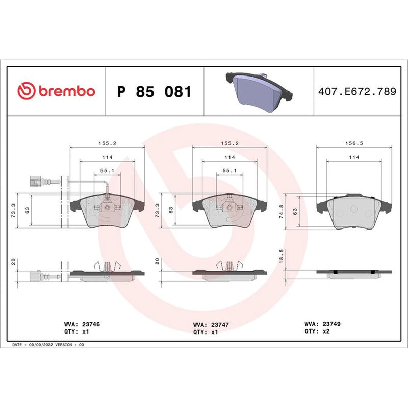 Brembo 4 x Front Brake Pad Set P85081