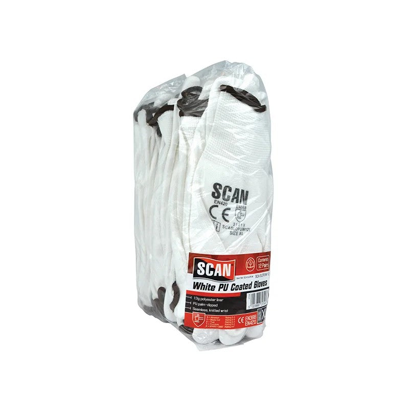 Scan White PU Coated Gloves - XL (Size 10) (Pack 12) - 5004W