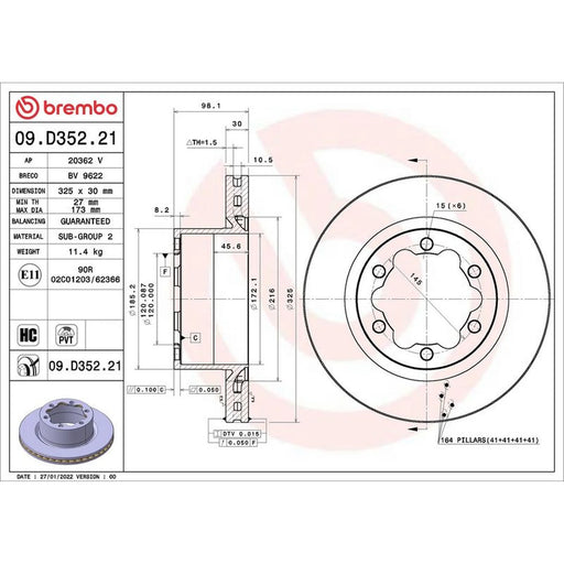Brembo 2 x Internally Vented Rear Brake Discs 09.D352.21