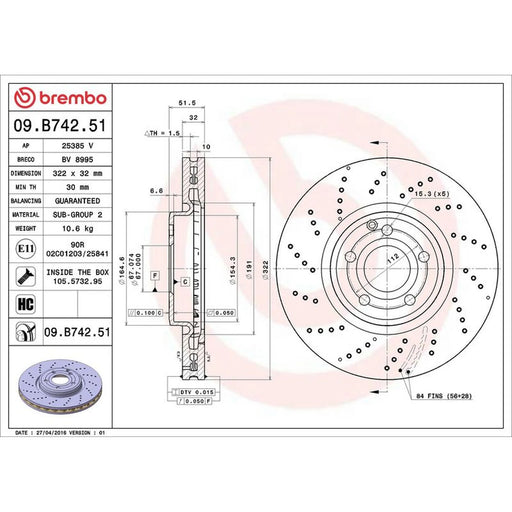 Brembo 2 x Perforated/Vented Front Brake Discs 09.B742.51