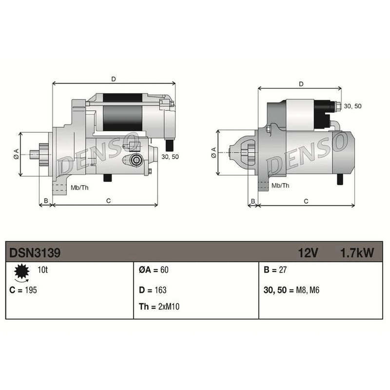 Denso Starter Motor 12V 1.7kW 10 Teeth DSN3139