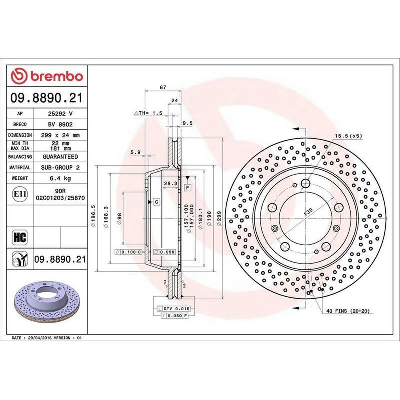 Brembo 2 x Perforated/Vented Rear Brake Discs 09.8890.21