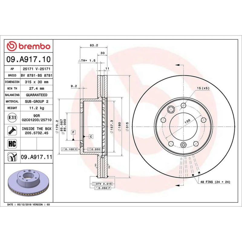 Brembo 2 x Internally Vented Front Brake Discs 09.A917.11