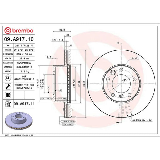 Brembo 2 x Internally Vented Front Brake Discs 09.A917.11