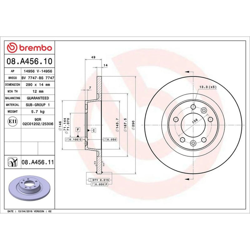 Brembo 2 x Solid Rear Brake Discs 08.A456.11
