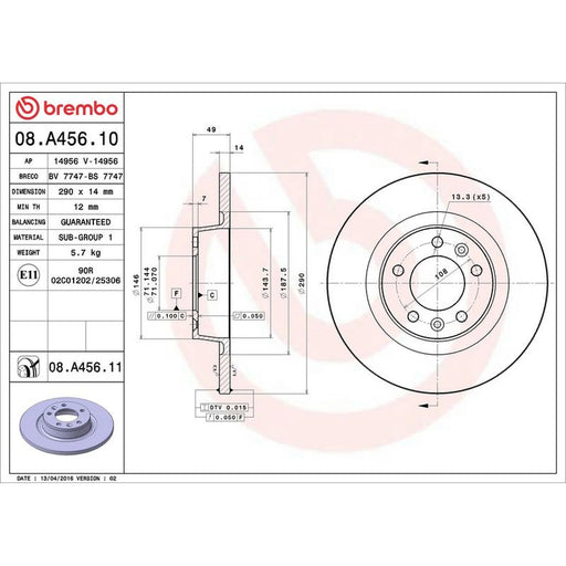 Brembo 2 x Solid Rear Brake Discs 08.A456.11