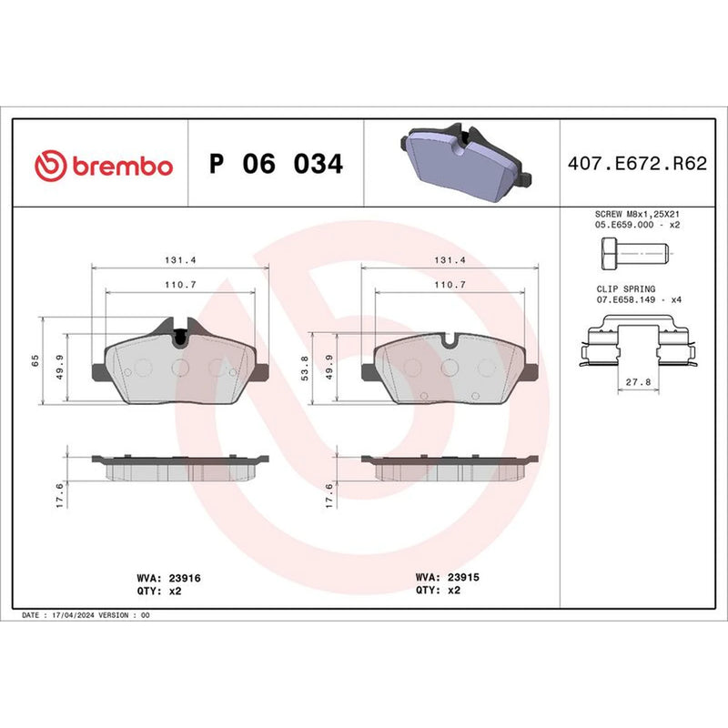 Brembo 4 x Front Brake Pad Set P06034