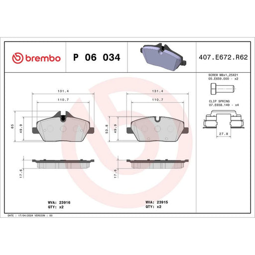 Brembo 4 x Front Brake Pad Set P06034
