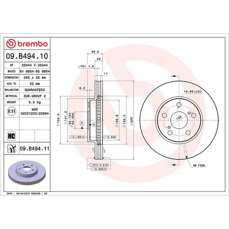 Brembo 2 x Internally Vented Front Brake Discs 09.B494.11